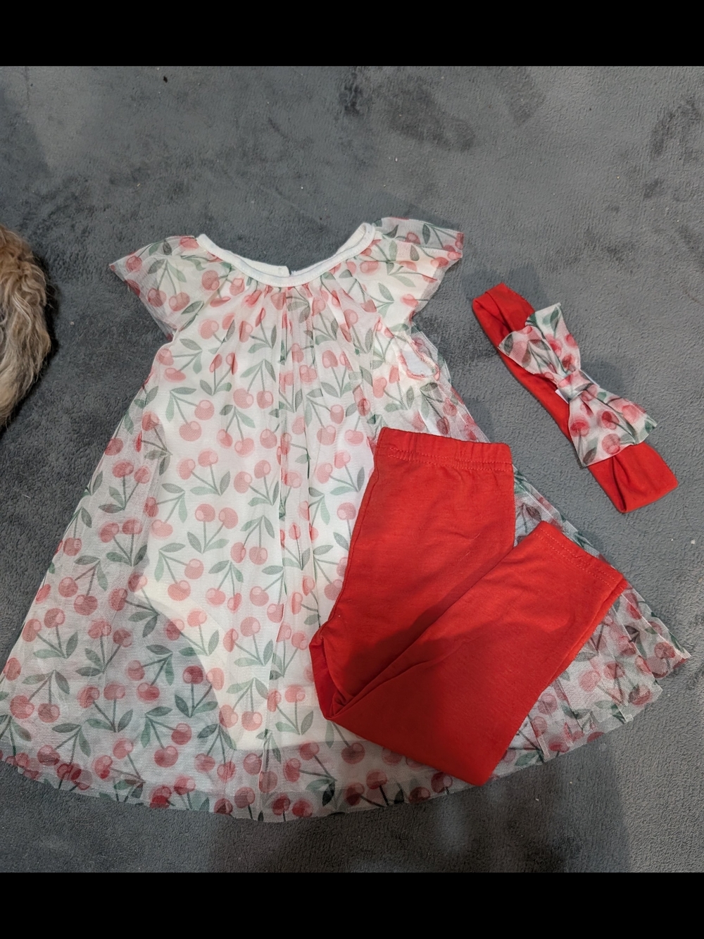 Madison White Cherry-Print Dress with Red Leggings & Matching Bow Headband